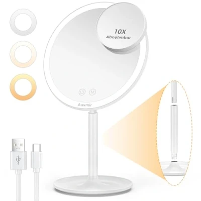 Obrázek Auxmir Dobíjecí kosmetické zrcátko s LED osvětlením, 2000 mAh malým zvětšovacím zrcátkem 10x, 3 barvy světla a nastavitelný jas, skládací stolní na cesty