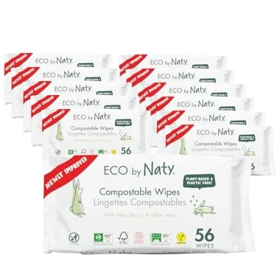 Obrázek Eco by Naty Vlhké ubrousky Aloe Vera Baby bez plastů 100% kompostovatelné a rostlinné ubrousky, vhodné pro miminka citlivou pokožku novorozenců (12 x 56 672 kusů)