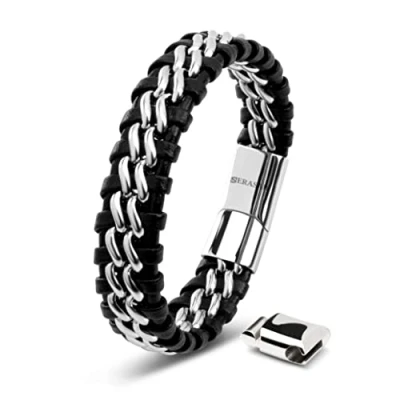 Obrázek SERASAR Prémiový náramek z pravé kůže pro muže [Steel] v černé barvě Magnetický uzávěr ušlechtilé oceli černé, stříbrné a zlaté včetně šperkovnice Skvělý nápad na dárek, Nerezová ocel, Bez