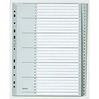 Obrázek Leitz Rejstřík pro A4, titulní list z kartonu a 31 oddělovacích listů plastu, tabulky s potiskem čísel 1 31, nadměrná šířka, šedá, 12810000