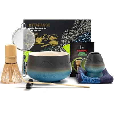 Obrázek TEANAGOO Japonská sada matcha (7dílná.) metlička Mtacha Kit miska bambus smetáček na sníh (chasen) lopata (chashaku) držák šlehací metla. N23, barva námořnická modrá