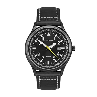 Obrázek Sekonda Men&#039;s 42mm Pilot Style Quartz hodinky s analogovým displejem Date Window and Leather Strap 50 m Water Resistant, černá, Pásek