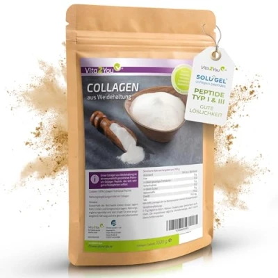 Obrázek Vita2You Kolagenový prášek 1 kg bioaktivní kolagen 100% Solugel® z pastvin hydrolyzované peptidy typ a 3 bílkoviny 1000 g prémiová kvalita
