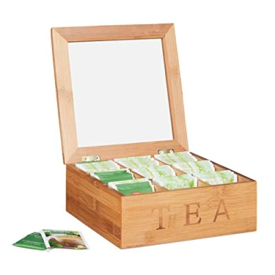 Obrázek Relaxdays Bambusový čajový box, s 9 přihrádkami, čtvercová čajová krabička, okénko, pro čajové sáčky, (v x š h): 8,5 22 cm, přírodní