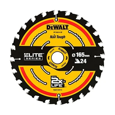Obrázek Dewalt Elite pilový kotouč DT10624 (pilový ø 165/20 mm, řezná šířka: 1,65 24 zubů, geometrie zubů: WZ, úhel 18, ultra ostré zuby z tvrdokovu, s Nail Tough, pro univerzální použití)