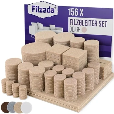 Obrázek Filzada® Samolepicí sada plstěných kluzáků 156 kusů (hranaté a kulaté) béžové profesionální nábytkové kluzáky plsť s ideální přilnavostí