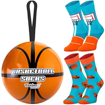 Obrázek Rainbow Socks Basketbalové ponožky v míči dámské pánské dárkové pro hráče, trenéry a fanoušky basketbalu 2 páry, koule 41 46
