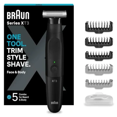 Obrázek Braun Series XT3 obličej a tělo, elektrický holicí strojek, zastřihovač vousů 7 dílů příslušenství, strojek s jemným hřebenovým nástavcem, baterie 45 min, vodotěsný, XT3200