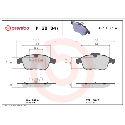Obrázek Brembo P 68 047 sada brzdových destiček, kotoučová brzda (4dílná)