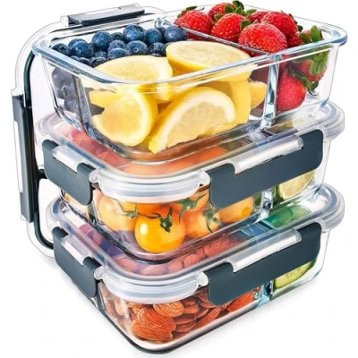 Obrázek Meal Prep Container aus Glas mit 3 Fächern und Transparentem Deckel Luftdicht Verschließbare Frischhaltedosen, BPA Frei, Geeignet für Mikrowelle, Gefrierfach, Spülmaschine, Ofen [3er Pack]