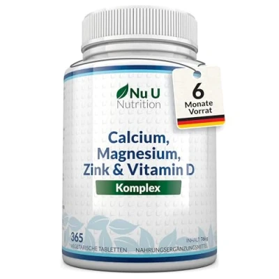 Obrázek Vápník hořčík zinek ve vysokých dávkách 365 vegetariánských tablet 6 měsíců komplex vápníku s vitaminem D, selenem, manganem, borem a mědí 800 mg uhličitanu vápenatého v denní dávce Nu U