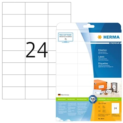 Obrázek HERMA 8644 adresní štítky, 10 listů, 70 x 37 mm, 24 archů A4, 240 kusů, samolepicí, potiskovatelné, matné, prázdné papírové nálepky etikety, bílé