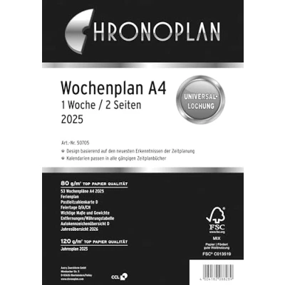 Obrázek Chronoplan 50705 kalendářová vložka 2025 (týdenní plán A4 (210 x 297 mm) náhradní kalendář pro diář termínů, ideální detailní týdenní plánování, 1 týden na 2 stranách ve sloupcích, s univerzálním