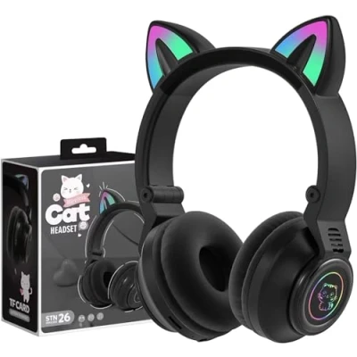 Obrázek hisonic Dětská sluchátka Bluetooth, kočičí uši s barevnými světly, mikrofonem a slotem na SD kartu pro dívky chlapce od 3 let. (kočičí černé)