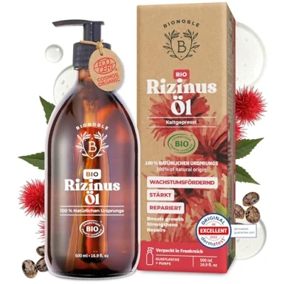 Obrázek Bionoble Ricinový olej bio 500 ml 100 % čistý, přírodní, lisovaný za studena řasy, obočí, vlasy, vousy, nehty Vegan a Cruelty Free Castor Oil skleněná láhev + pumpa