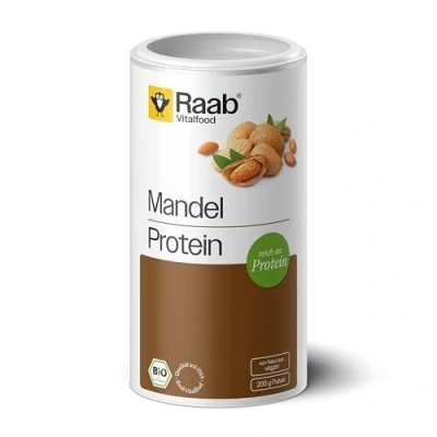 Obrázek Raab Vitalfood Organický mandlový protein s přírodním vápníkem, částečně olejovaný, veganský, bez lepku, proteinový koktejl; mandlová mouka, nápoj 50% proteiny, 200 g