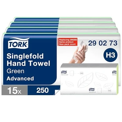 Obrázek Tork Zickzack Papierhandtücher grün H3, Advanced Falthandtücher für Papierhandtuchspender, saugfähig und reißfest, 2 lagig, 15 x 250 Tücher, 290273