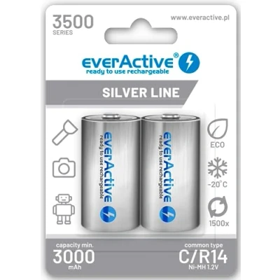 Obrázek everActive Akku C 3500 mAh 2 Stück, NI MH, Baby R14, wiederaufladbar, vorgeladen, Spitzenqualität, Silver Line 1.2V, 1 Blisterkarte, EVHRL14 3500, Silber