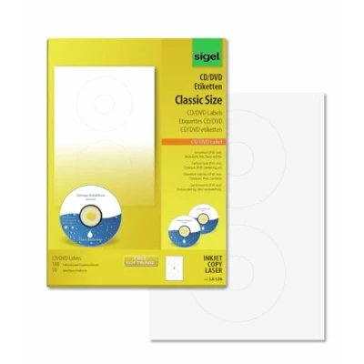 Obrázek SIGEL LA526 Etikety na CD/DVD samolepicí, potisknutelné, bílé, neprůhledné, 100 etiket = 50 listů, s pomůckou pro centrování, ClassicSize 41 mm vnitřní otvor