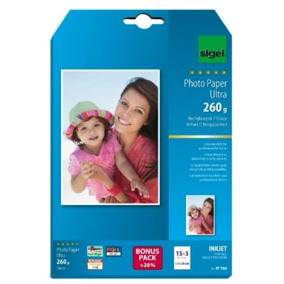 Obrázek SIGEL IP706 Inkoustový fotografický papír Ultra, 13 x 18 cm, 15 + 3 listy zdarma, vysoký lesk, extrémně odolný vůči světlu, 260 g, pro vysoce kvalitní fotografie
