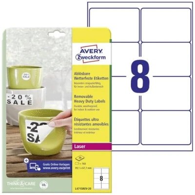Obrázek AVERY Zweckform L4715REV 20 fólie odolné proti povětrnostním vlivům, znovu odstranitelné (99,1 x 67,7 mm na DIN A4, samolepicí, potištěná venkovní lepicí fólie) 160 nálepek listech bílé