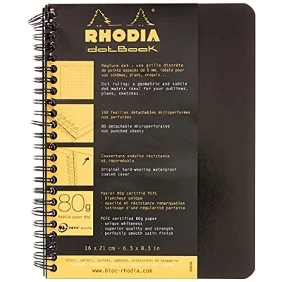 Obrázek Rhodia 193439C poznámkový sešit / notebook s dvojitou spirálou DIN A5+ 16 x 21 cm 80 listů Dot Lineatura g, oddělitelný a mikroperforovaný, černý, 1 kus