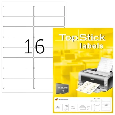 Obrázek TopStick 8756 adresní štítky, 100 listů, 99,1 x 33,8 mm, 16 na arch A4, 1600 kusů, samolepicí, potištěné, matné, prázdné papírové nálepky adresu, bílé