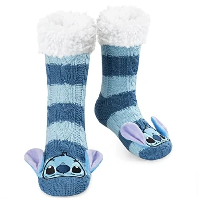 Obrázek Disney protiskluzové dámské ponožky s 3D ušima, hebké One Size ABS, domácí ponožky, zimní dárky, Modrá Stitch