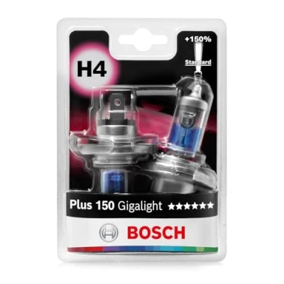Obrázek Bosch H4 Plus 150 Gigalight Halogenová žárovka pro automobilové světlomety, 12 V 60/55 W, % více světla patice žárovky typu P43t balení 2 ks náhradních žárovek do světlometů