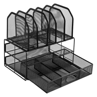 Obrázek Amazon Basics Schreibtisch Organizer aus Metallgeflecht, mit Schublade, doppelter Ablage und 5 senkrechten Bereichen, schwarz