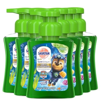 Obrázek Sagrotan Kids sametové pěnové mýdlo Aloe Vera edice Tlapková patrola 6 x 250 ml pěnového mýdla s barevnou pěnou v dávkovači