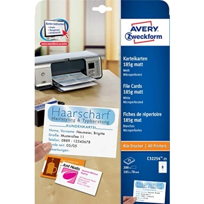 Obrázek AVERY Zweckform C32254 25 kartotéční lístky (prázdné, oboustranně potištěné, matné bílé, extra jemná mikroperforace, listů) pro vlastní tisk na všech tiskárnách