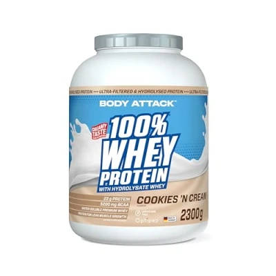 Obrázek Body Attack 100% WHEY PROTEIN Cookies N Cream 2,3 kg Made in Germany extra krémový proteinový prášek s hydrolyzátem a BCAA&#039;s, podporuje růst svalů diety pro sportovce atlety
