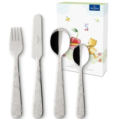 Obrázek Villeroy &amp; Boch Hungry As A Bear dětský příbor 4dílná sada, nerezový, vhodný do myčky nádobí, sada příborů Děti s medvědem, jídelní pro děti, vidlička, dětská lžíce, nůž, nerezová ocel