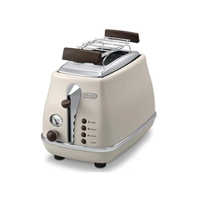 Obrázek De&#039;Longhi Icona Vintage CTOV 2103.BG 2 štěrbinový toustovač s nástavcem na pečivo, 6 stupni opečení, funkce rozmrazování a zahřívání, z ušlechtilé oceli v elegantním retro vzhledu,