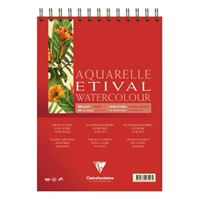 Obrázek Clairefontaine 96425C Aquarellblock Etival (matt, 300g, für alle Nasstechniken geeignet, Spiralbindung, 10 Blatt, DIN A5, 14,8 x 21 cm, ideal Anfänger, säurefrei) weiß