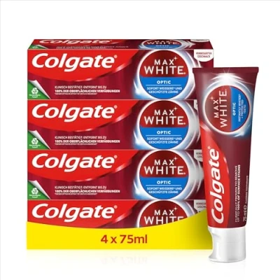 Obrázek Colgate Zubní pasta Max White Optic 4 x 75 ml odstraňuje až 100% zbarvení povrchu pro okamžité zesvětlení zubů* Okamžitě bělejší* a chráněné zuby