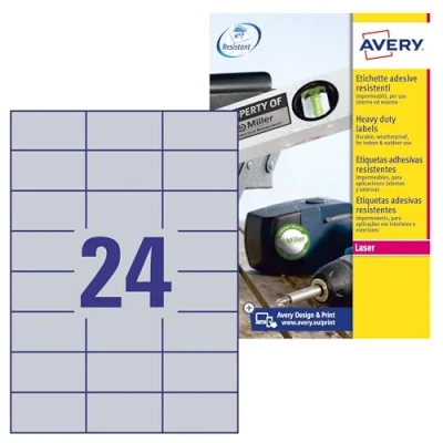 Obrázek AVERY Zweckform L6133 20 Typový štítek Fóliové etikety (480 nálepek, 70 x 37 mm na A4, silně samolepicí, odolné, odolné proti povětrnostním vlivům, potištěná lepicí fólie, blanko) listů, stříbrná