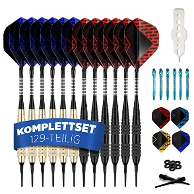 Obrázek DartPro Šipky s plastovým hrotem 12 šipek pro elektronický terč [18 g] sada měkkých [vč. 6 hliníkových dříků na šipky + 21 letek šipky]
