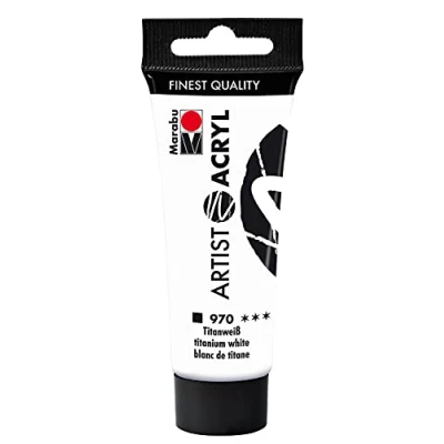 Obrázek Marabu 12200055970 Artist akryl titanová bílá 970, 22 ml, jemná akrylová barva v umělecké kvalitě, na bázi vody, konzistence pastosy, vysoce pigmentovaná, velmi dobrá lesk a krycí schopnost