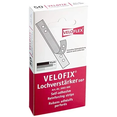 Obrázek VELOFLEX 2003000 Zesilovač otvorů VELOFIX (DBP) 105 x 15 mm, samolepicí, čirý, balení 50 ks