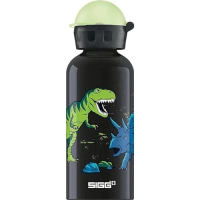Obrázek SIGG Hliníková láhev na pití pro děti KBT Glow Dinosaurs svítí ve tmě odolná proti vytečení a nerozbitná lehká jako pírko bez BPA certifikováno podle klimatu Sport &amp; škola černá s