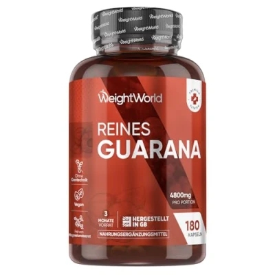 Obrázek Guarana Kapseln 4800mg reiner Extrakt 180 Für Konzentration &amp; Energie 3 Monate Vorrat Natürliche Samen Alternative zu Koffein Tabletten WeightWorld
