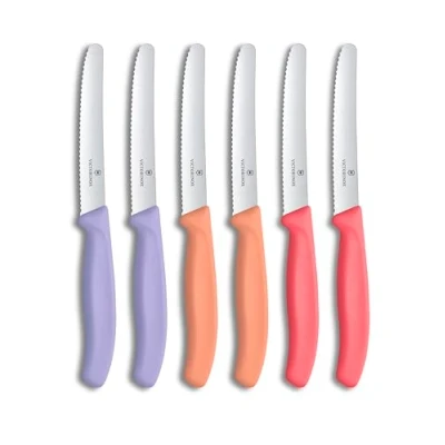 Obrázek Victorinox Swiss Classic, snídaňový nůž, sada nožů na pečivo, 6dílná, ostrá čepel, vlnitý brus, 11 cm, nerezová ocel, fialová, oranžová a růžová