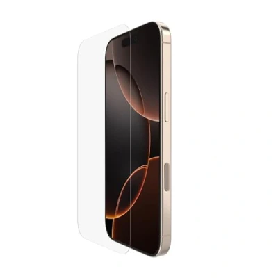 Obrázek Belkin ScreenForce UltraGlass 2 ochranná fólie pro iPhone 16 Pro, odolná proti poškrábání, křišťálově čirá, tenké sklo, s polohovacím krytem nalepení bez bublin, tvrdost 9H, ochrana displeje