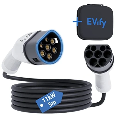 Obrázek EVify Nabíjecí Kabel typu 2 11kW 5M 16A pro elektroauta a hybridní vč. kabelového pouzdra 3fázový EV PHEV vhodný všechna auta E model 3 S X Y, ID3, ID4, ID5
