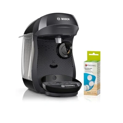 Obrázek Bosch Kapslový kávovar Tassimo happy friendly TAS102EA, více než 70 nápojů, vhodný pro všechny šálky, automatické vypnutí, udržitelný, 1 x odvápňovací tablety, šetří místo, 1400 W, černý