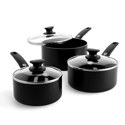 Obrázek GreenPan Cambridge Gesunde keramický nepřilnavý povrch sada pánviček, 16 cm/1,5 l, 18 cm/2,1 l a 20 cm/3,1 hrnců s poklicí, bez PFAS, indukční, vhodné do trouby, černá