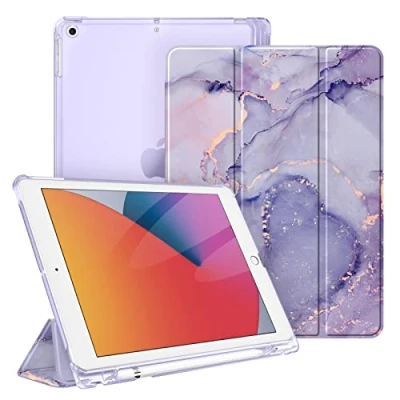 Obrázek Fintie pouzdro pro iPad 9. generace 2021/8. Gen 2020/7. 2019 10. 2&quot; s držákem na pero, ultratenké lehké ochranné průhlednou zadní stranou a funkcí automatického spánku/probuzení, mramor