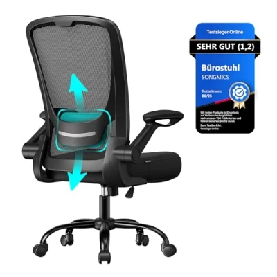 Obrázek SONGMICS Kancelářská židle, židle k psacímu stolu, otočná se síťovým potahem, ergonomická, polstrovaná bederní opěrka, funkce houpání, 53 cm velká sedací plocha, sklopné područky, černá OBN37BK